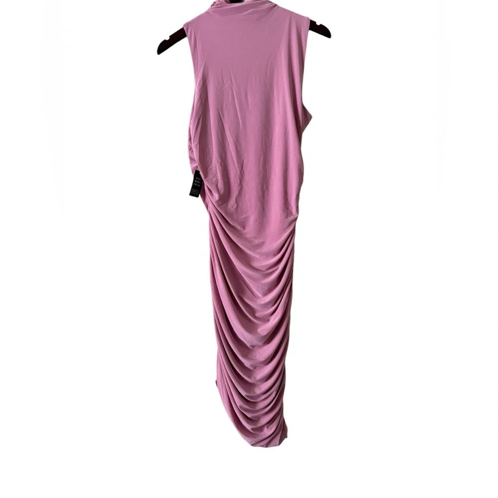 NWT Express Body Contour Mock Neck Ruched Asymmetrical Midi Dress Pink S Medium - Picture 5 of 5